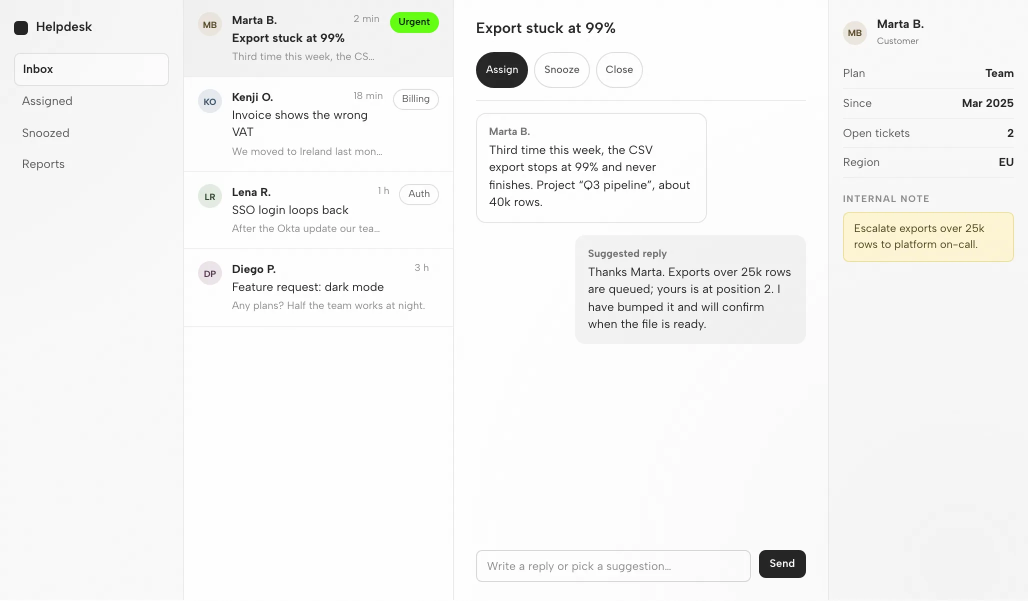 Hermes Artifact: The Support Inbox at 1440px and 390px — Desktop