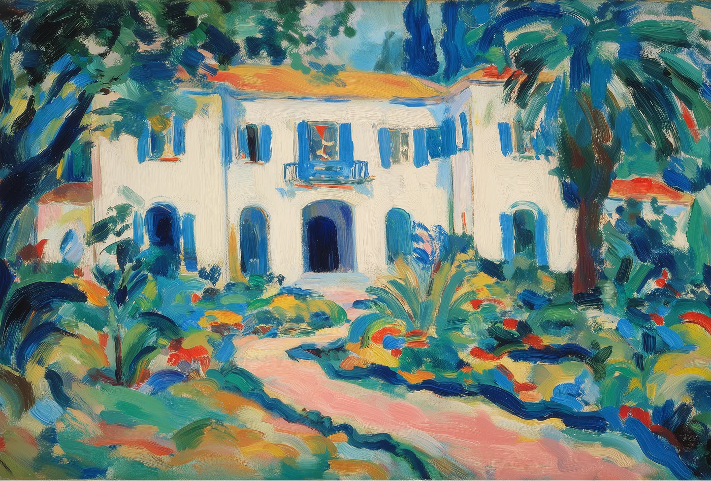 Fauvist painting of a villa with blue shutters in a garden, from the OpenDesign artwork set