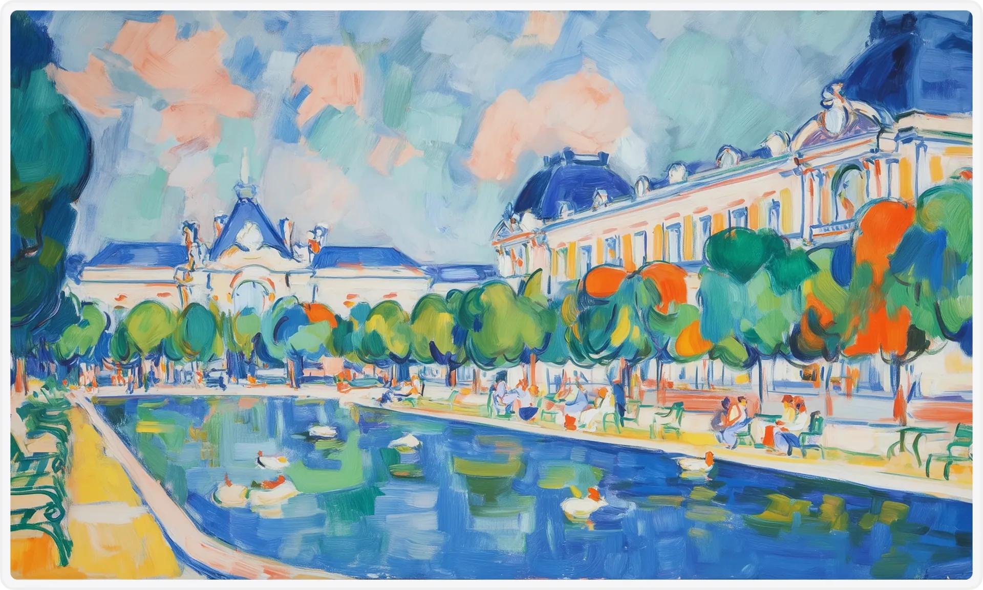 Fauvist painting of a park with a pond and a pavilion, from the OpenDesign artwork set